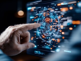 Hand interacting with futuristic holographic interface featuring advanced data and circular analytics visualization