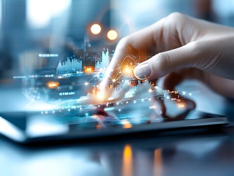 Hand interacting with financial data and analytics on a futuristic holographic tablet interface