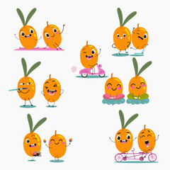 Sea buckthorn, funny berry, fruit cute cheerful characters. Vector hand drawn illistration.
