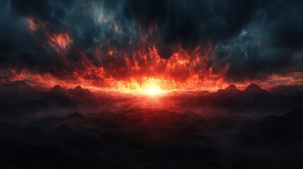 Fiery Sunset over Dramatic Mountain Range Epic Landscape