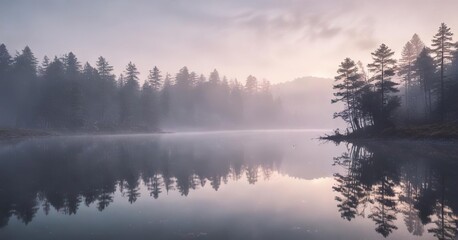 Fototapeta premium Abstract, dreamy, and surreal, overexposed photograph of a misty lake at dawn, lens flare, foggy morning