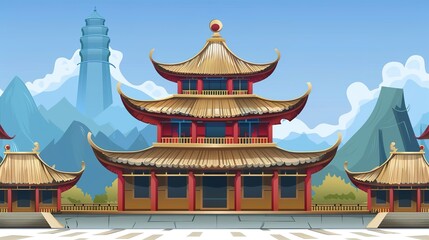 Naklejka premium digital painting ancient chinese architecture