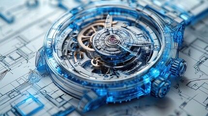 Detailed mechanical watch blueprint, intricate gears and precise linework 