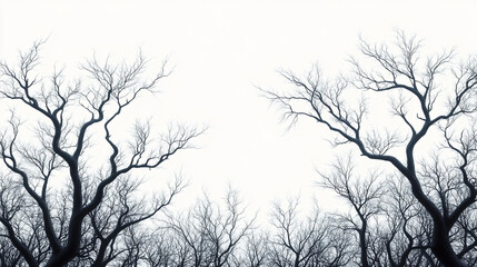 Obraz premium skyline of black trees on white background, art by Bill Gold. Negative black space horror design, horror 