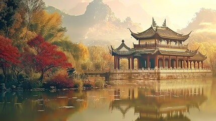 Fototapeta premium digital painting ancient chinese architecture