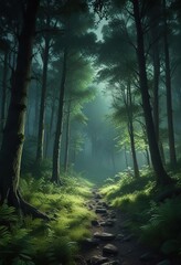 Fototapeta premium nocturnal forest with blended shades of green, midnight green, myrtle green, grainy background