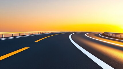 Naklejka premium Curved road at sunset with vibrant colors and smooth asphalt surface.