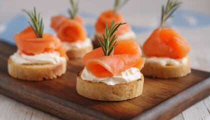Festive Bites Smoked Salmon Canapes with Cream Cheese and Rosemary Garnishes on a Rustic Wooden Board
