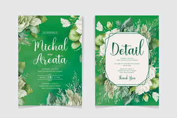 Set of wedding invitation card template with pink and burgundy floral and leaves decoration. Minimalist floral wedding invitation card with beautiful roses flower