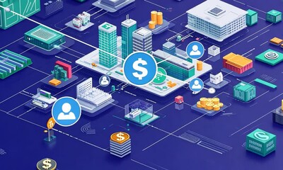 A digital illustration of a modern urban landscape featuring buildings, technology, and finance. - Powered by Adobe