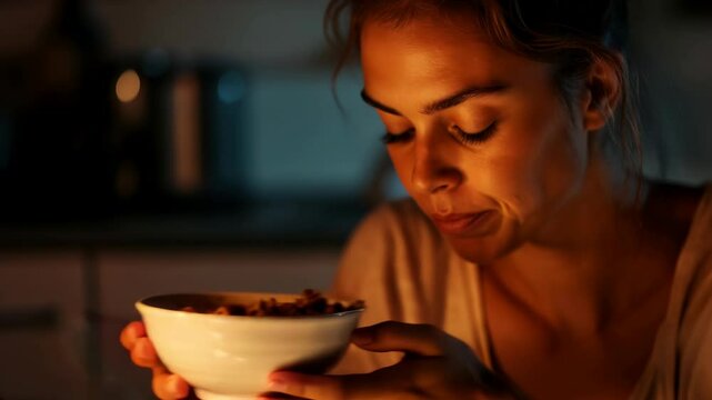 Woman holding a bowl of soup with evident disgust