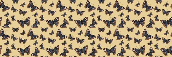 Seamless pattern of different butterfly. Hand-drawn vector insects, isolated on beige background. Spring season concept, Easter, nature.