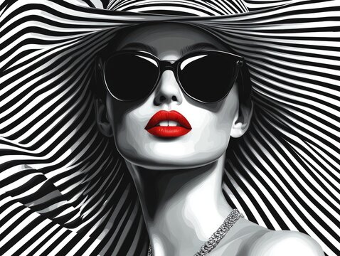 Stylish woman in black and white striped hat and sunglasses with red lips.