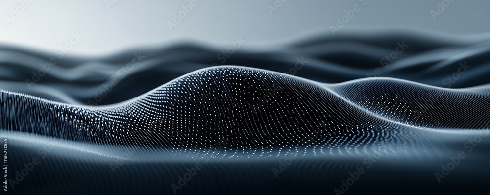 Poster abstract particles forming wavy landscape: digital data visualization