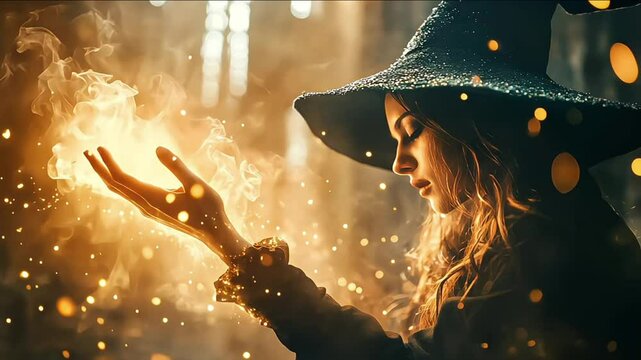 A mystical witch casting spells with glowing magic in an enchanting landscape