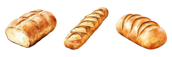 Watercolor set of baked wheat bread. Fragrant freshly baked bread and loaf in watercolor on a transparent background. Baking and rural products concept. Vector illustration.