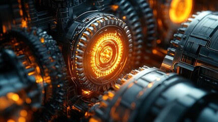 Fototapeta premium Abstract close-up of machinery with intricate components and glowing parts, cinematic style