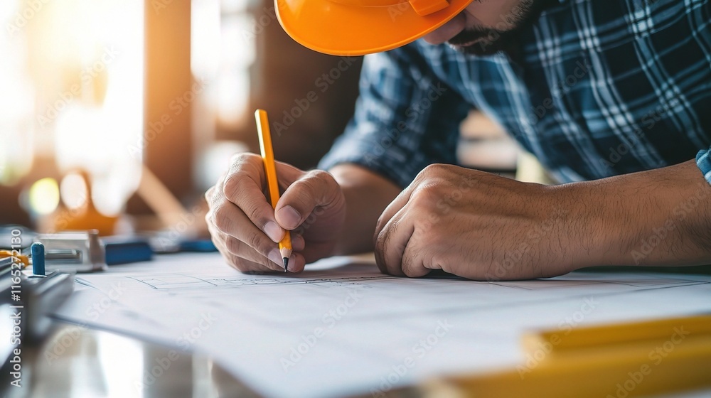 Wall mural Construction Worker Marking Measurements with Pencil on Blueprint