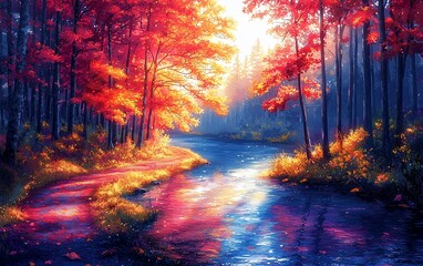 Fototapeta premium Vibrant autumn forest scene with river.