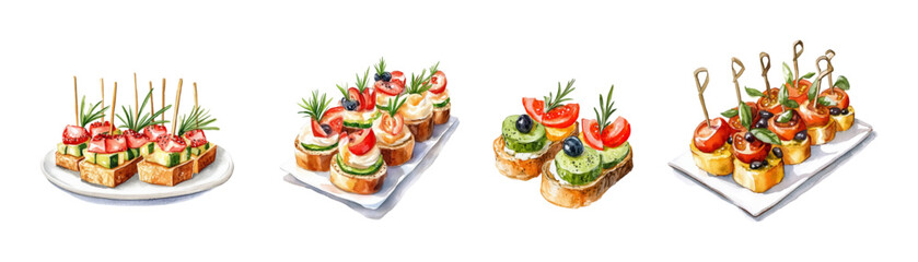 Watercolor set of festive sandwiches and canapes for a buffet. Sandwiches with bread, meat and vegetables decorated with rosemary branches. Elements for a festive buffet watercolor.