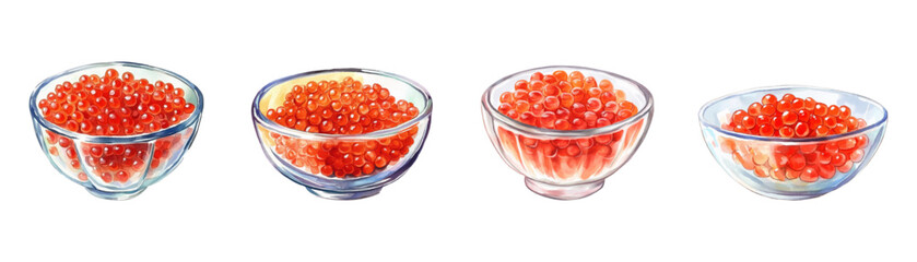 Watercolor set of glass bowls with red caviar png. Lightly salted red caviar of pink salmon, catfish, salmon, etc. Seafood. Concept of lightly salted seafood.