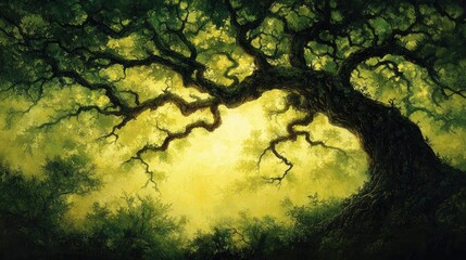 Fototapeta premium Majestic ancient oak tree, sprawling branches, sunlit canopy, lush green foliage, mystical forest scene.