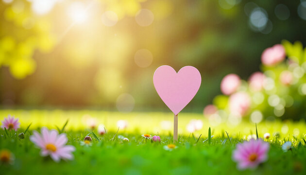 Pink heart sign on green grass with flowers