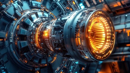 Detailed spaceship engine schematic, futuristic engineering with intricate parts 