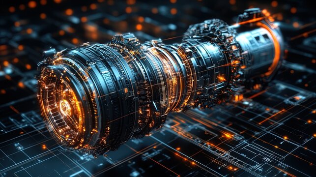 Detailed spaceship engine schematic, futuristic engineering with intricate parts 