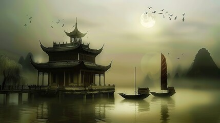Obraz premium Fantasy art Oriental Fantasy landscape chinese temp