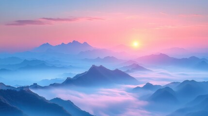 Obraz premium Serene mountain landscape at sunrise with mist.
