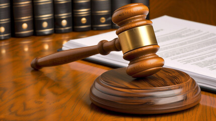 Gavel and Legal Documents on Wooden Table Symbolizing Copyright Dispute with Blurred Courtroom Background