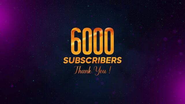6000 Subscribers Thank You revealing motion view with golden text, falling glitter particles, and stars, against a dark, hazy background with blue and purple hues.