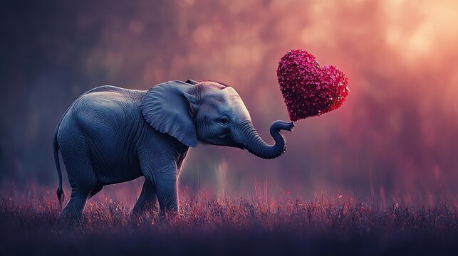 elephant celebrate valentine day bring love ballon red heart with pink background