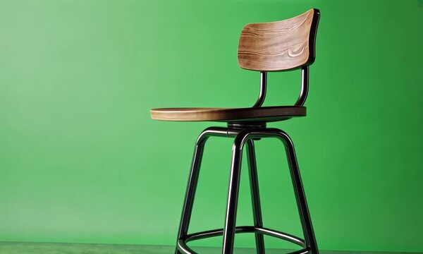 Wooden and metal bar stool against a green background.