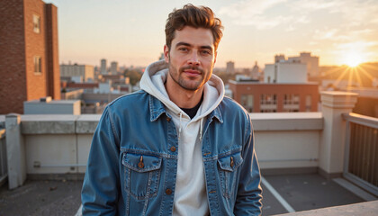 Fototapeta premium Smiling man enjoying sunset on urban rooftop
