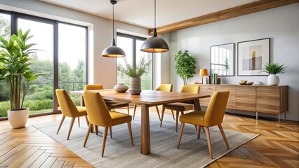 Bright Spacious Dining Room with Large Wooden Table and Elegant Lamp - Modern Interior Design, Minimalist Decor, White Walls