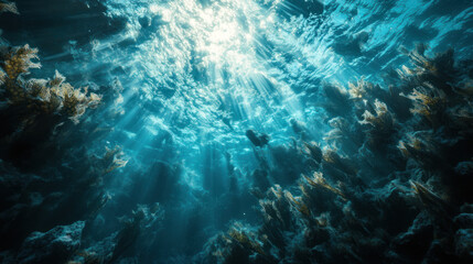 Fototapeta premium A breathtaking underwater scene featuring a dense bed of algae on the ocean floor, illuminated by scattered sunlight in the clear Atlantic waters.