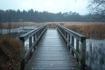 Naklejka premium Wooden footbridge crossing lake in rainy forest landscape