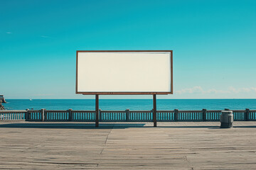 Large blank billboard displaying on pier overlooking beautiful blue ocean