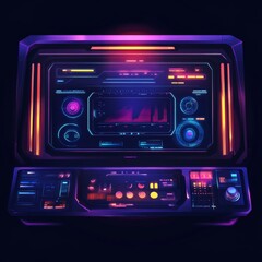 Fototapeta premium Futuristic neon-lit control panel with digital interface and various buttons and knobs.