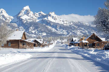 Snow covered street leading towards the grand teton mountains in winter