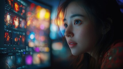 A woman gazes at a vibrant, illuminated screen.