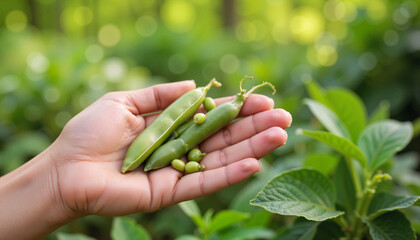 Hand holding fresh green peas in garden background