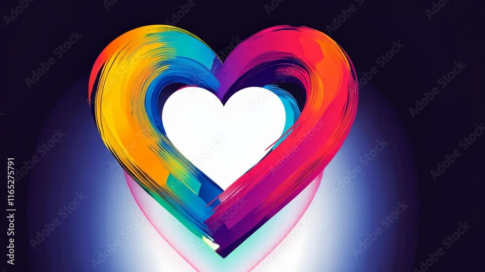 Wall mural Colorful heart with a white center is painted on a dark background. The heart is made up of different colors, and it is a work of art. Scene is cheerful and uplifting