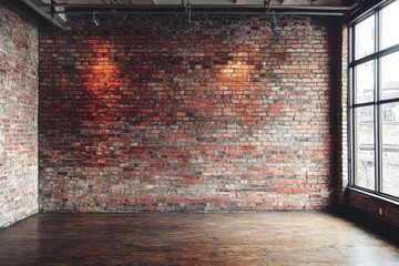 Empty industrial loft interior with exposed brick wall and hardwood floor