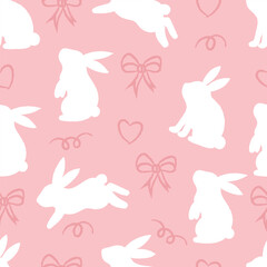 Seamless pattern with rabbit, ribbon, love on soft pink background. Silhouette hand drawn white rabbit, ribbon, and love textile wrapping pattern