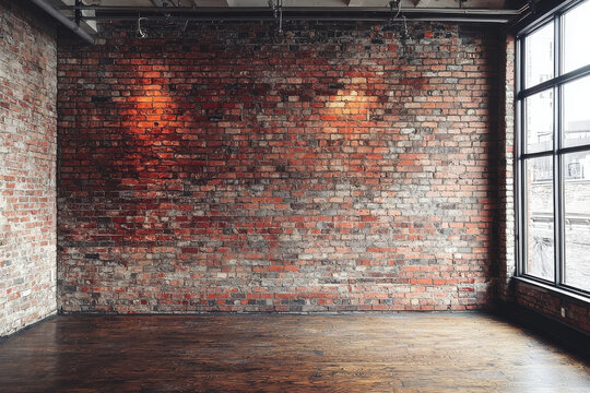 Fototapeta Empty industrial loft interior with exposed brick wall and hardwood floor