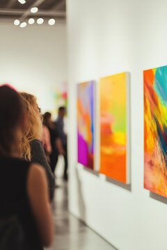 art gallery grand opening with blurred attendees admiring vibrant modern paintings on clean white walls