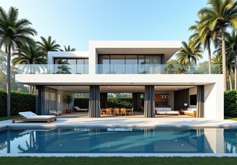 Fototapeta premium Exterior of amazing modern minimalist cubic villa with large swimming pool among palm trees 